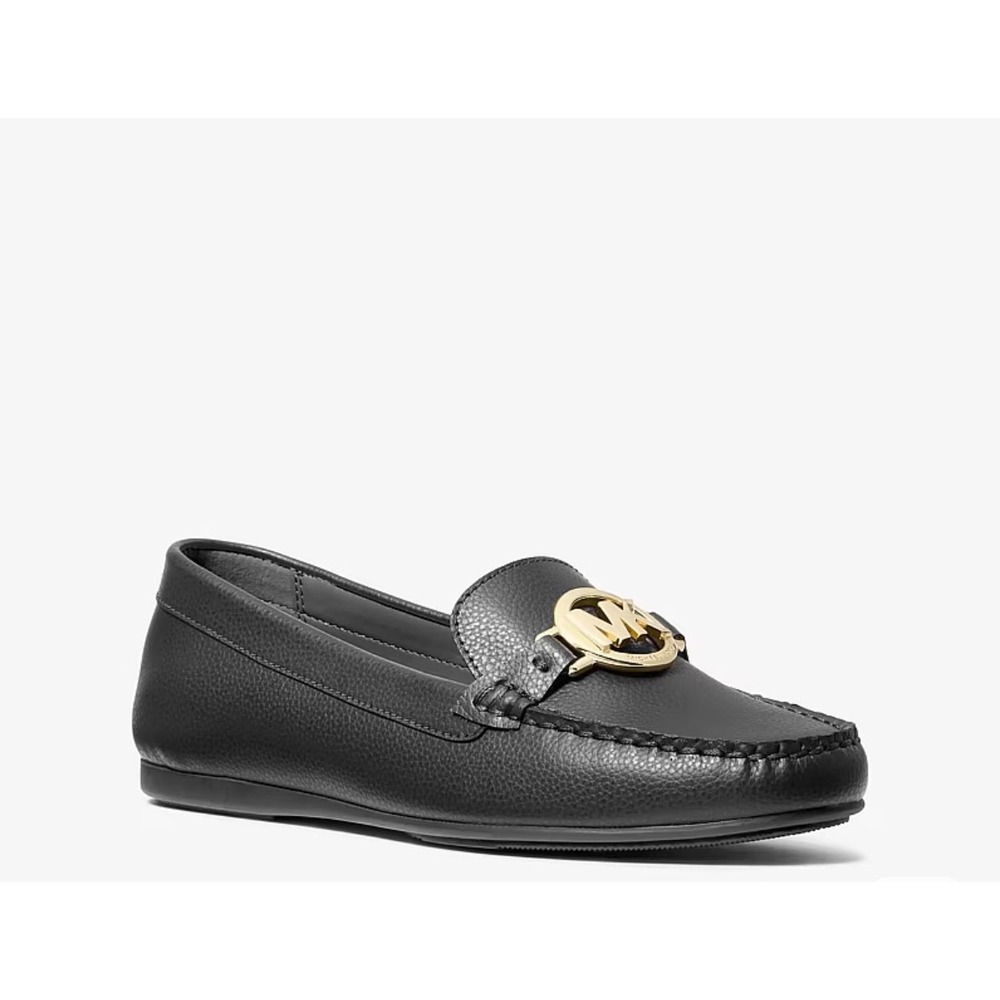 Michael Kors Lillie Moc Black Pebbled Gold Logo Loafers Flats MV25A Womens 9.5M
